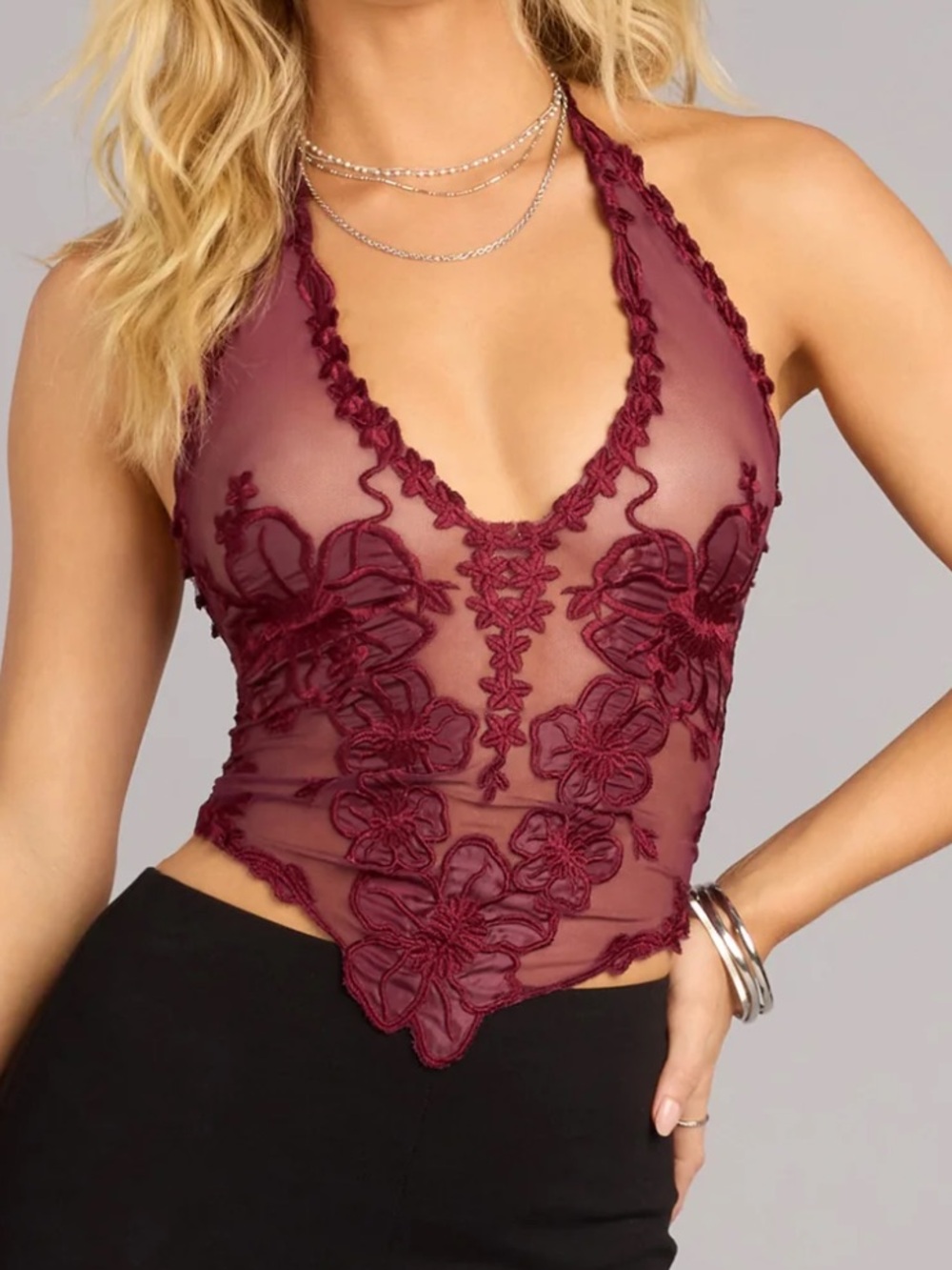 Windsor Burgundy Floral Lace Halter Camisole